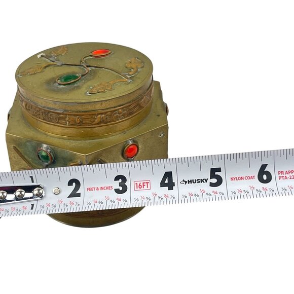 Vintage Chinese Brass Trinket Box With Enamel Inlays Decorative Lid Snuff - Picture 4 of 13